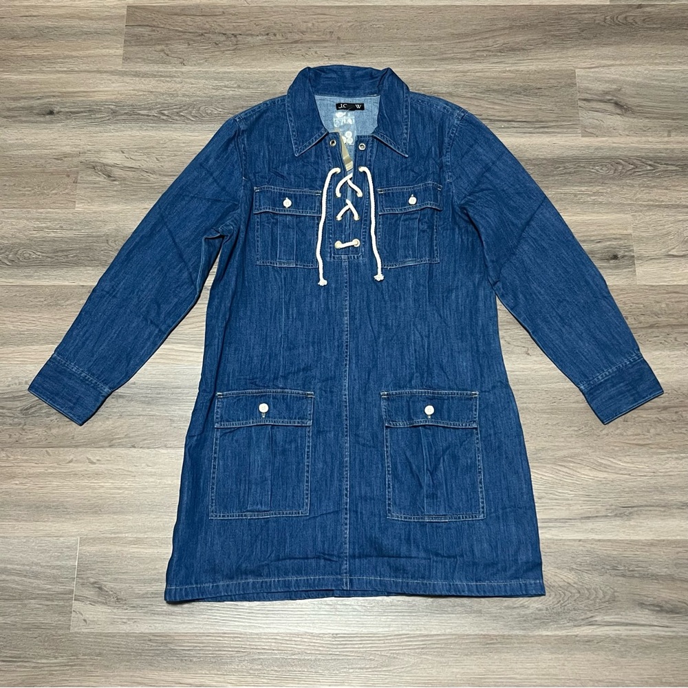 J Crew Large Dress Blue Harbor Denim Indigo 100% Cotton Pockets Nautical Tie NWT